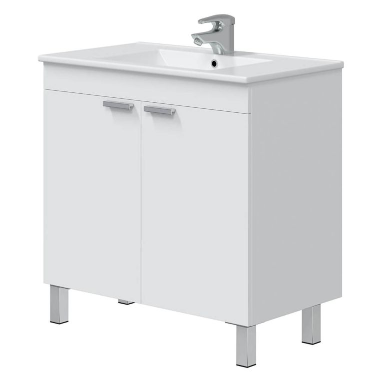 Mobile Sottolavabo Bianco Lucido 2 Ante Apertura Battente 80x45x80h cm, Piedini Alluminio - Massiola