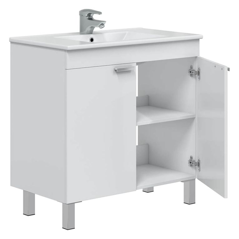 Mobile Sottolavabo Bianco Lucido 2 Ante Apertura Battente 80x45x80h cm, Piedini Alluminio - Massiola