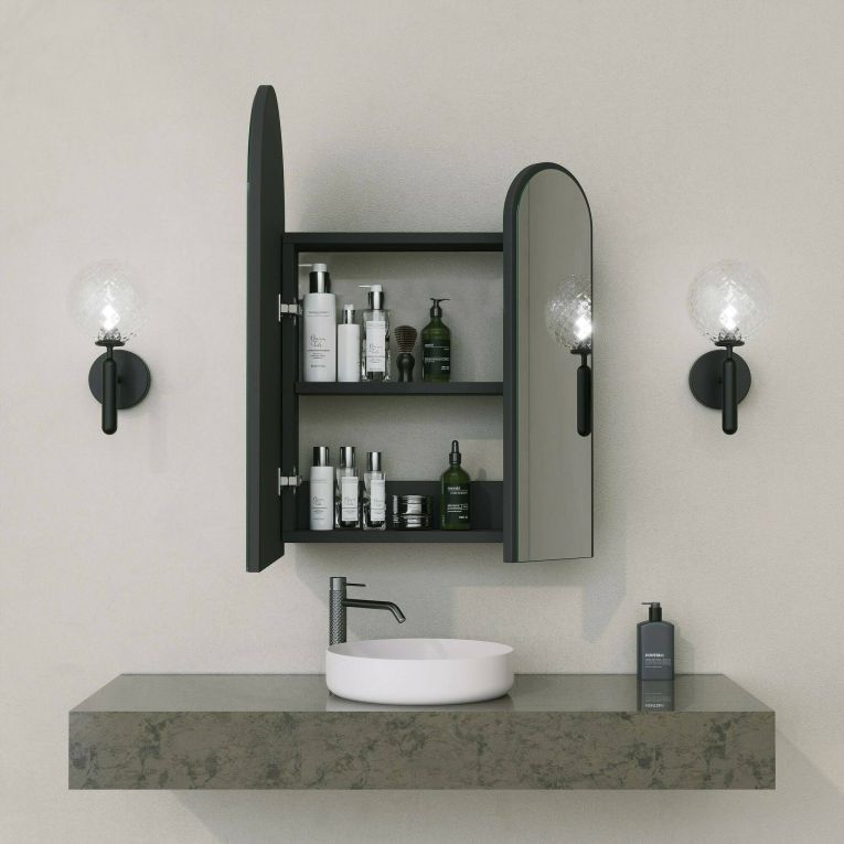 Mobile sottolavabo Chara, Mobiletto da bagno, Armadio multiuso, Armadietto sospeso con specchio, 50x12h45 cm, Nero