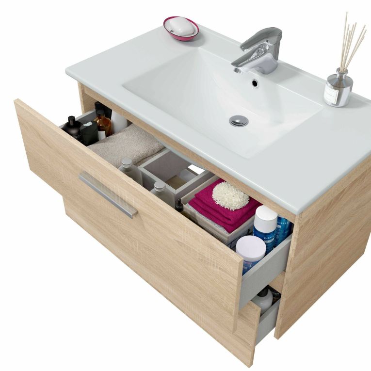 Mobile sottolavabo Dartford, Mobiletto da bagno, Contenitore porta lavabo, Armadio per lavandino, 80x45 h50 cm, Rovere