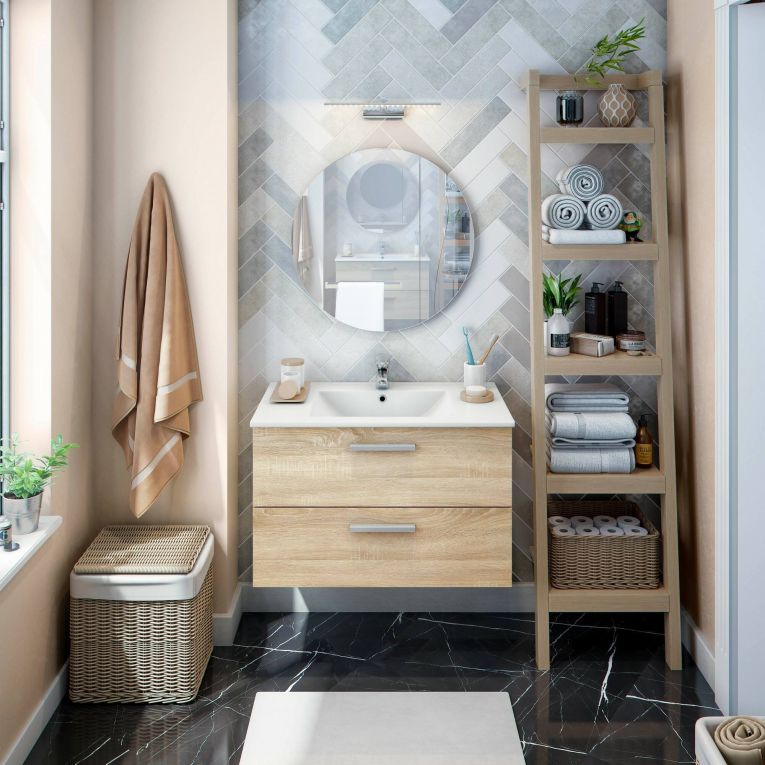 Mobile sottolavabo Dartford, Mobiletto da bagno, Contenitore porta lavabo, Armadio per lavandino, 80x45 h50 cm, Rovere