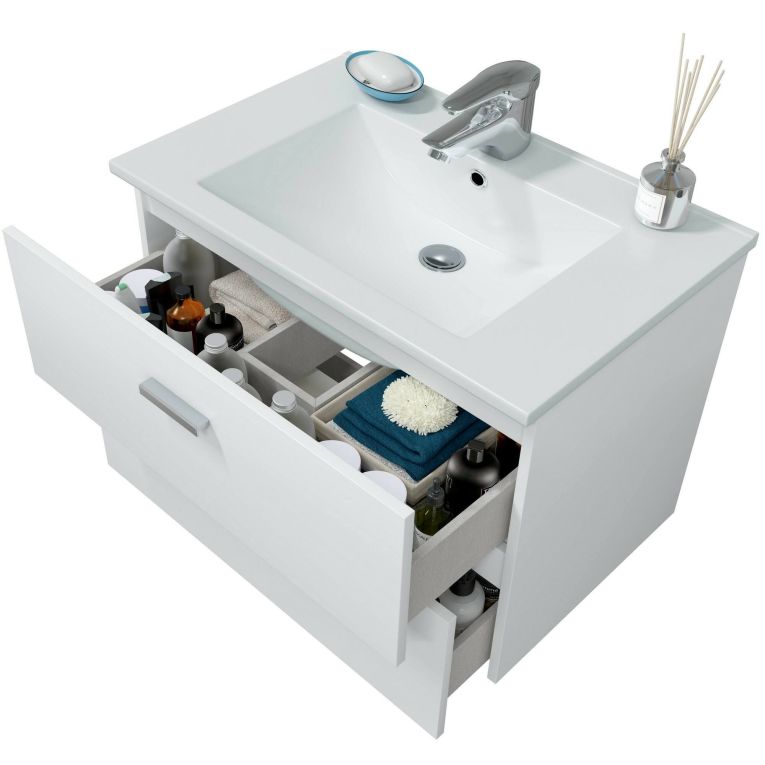 Mobile sottolavabo Denison, Mobiletto da bagno, Contenitore porta lavabo, Armadio per lavandino, 70x45 h50 cm, Bianco lucido