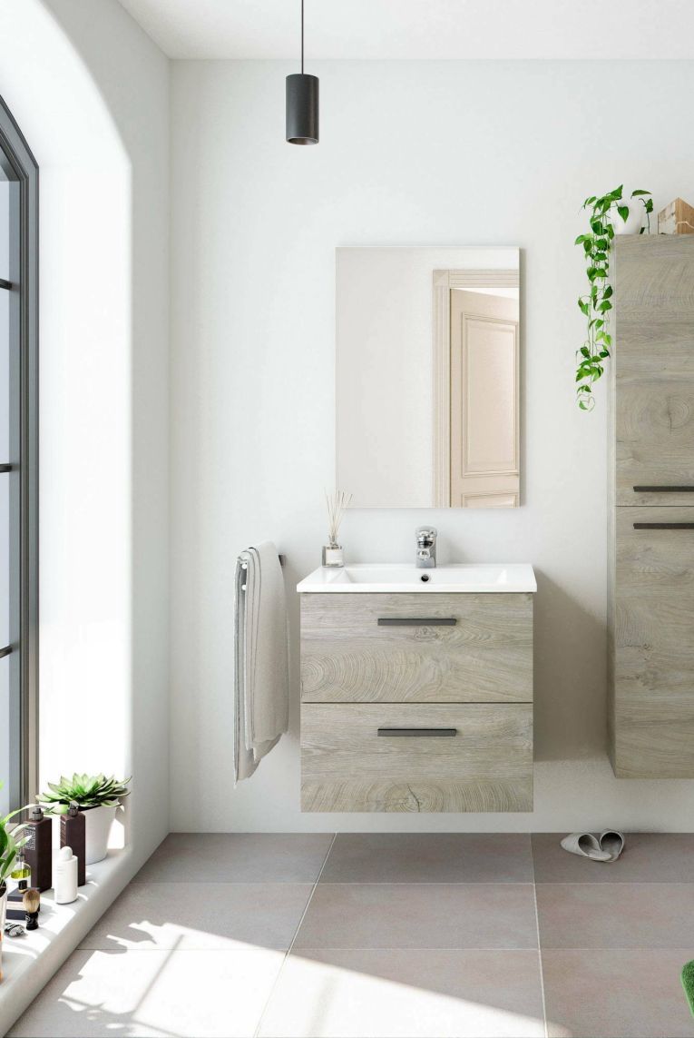 Mobile sottolavabo Fontana, Mobiletto per bagno a 2 cassetti, Armadietto sospeso con specchio, lavabo non incluso, 60x45h57 cm, Rovere