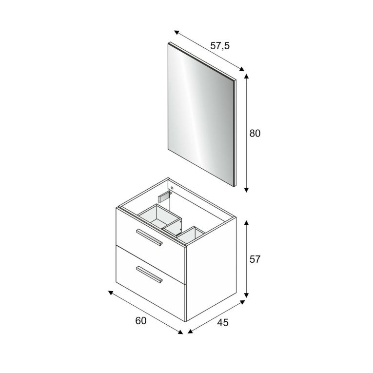 Mobile sottolavabo Fontana, Mobiletto per bagno a 2 cassetti, Armadietto sospeso con specchio, lavabo non incluso, 60x45h57 cm, Rovere