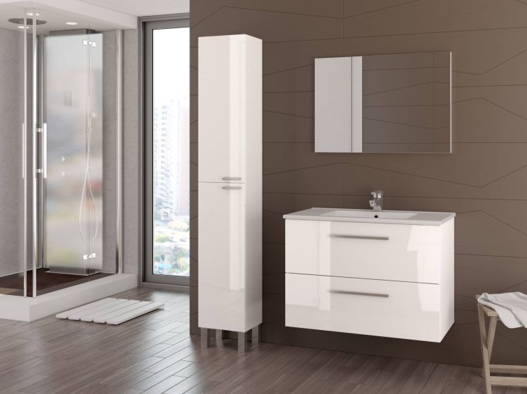Mobile sottolavabo Inglewood, Mobiletto per bagno sospeso, Armadio a 2 cassetti e specchio, 80x45h57 cm, Bianco lucido