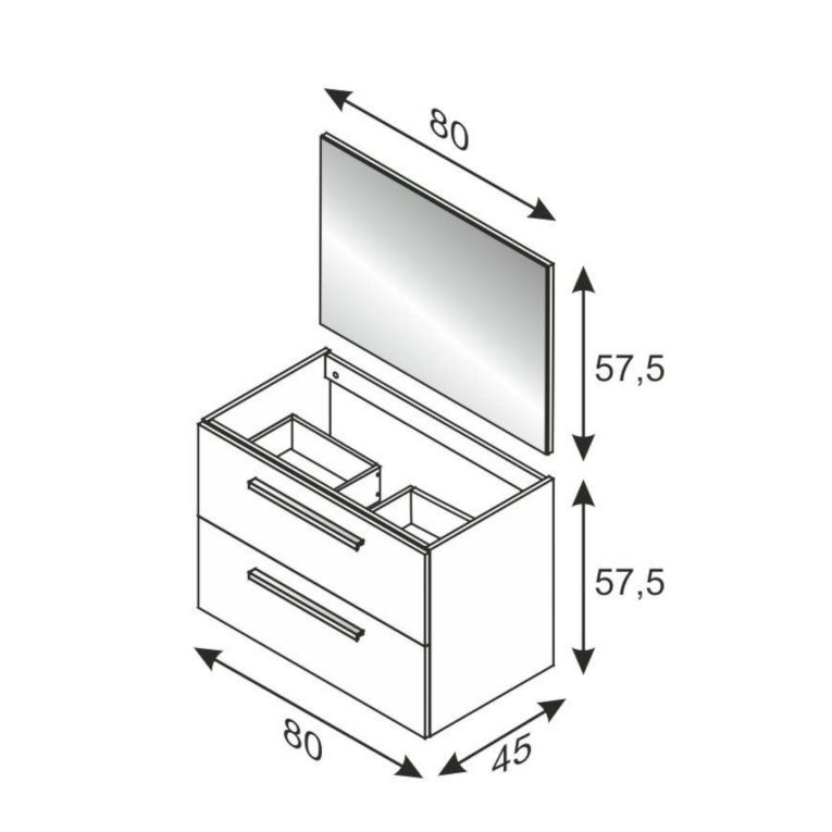 Mobile sottolavabo Inglewood, Mobiletto per bagno sospeso, Armadio a 2 cassetti e specchio, 80x45h57 cm, Cemento