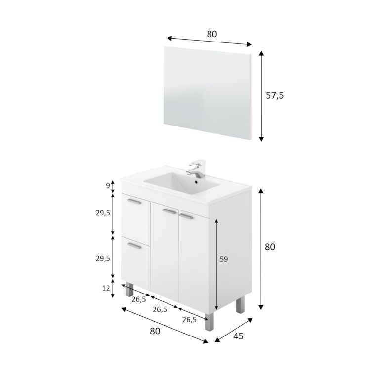 Mobile sottolavabo Lakewood, Mobiletto per bagno, Armadio a 2 ante e due cassetti con specchio, lavabo non incluso, 80x45h80 cm, Bianco lucido