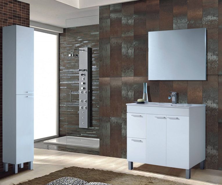 Mobile sottolavabo Lakewood, Mobiletto per bagno, Armadio a 2 ante e due cassetti con specchio, lavabo non incluso, 80x45h80 cm, Bianco lucido