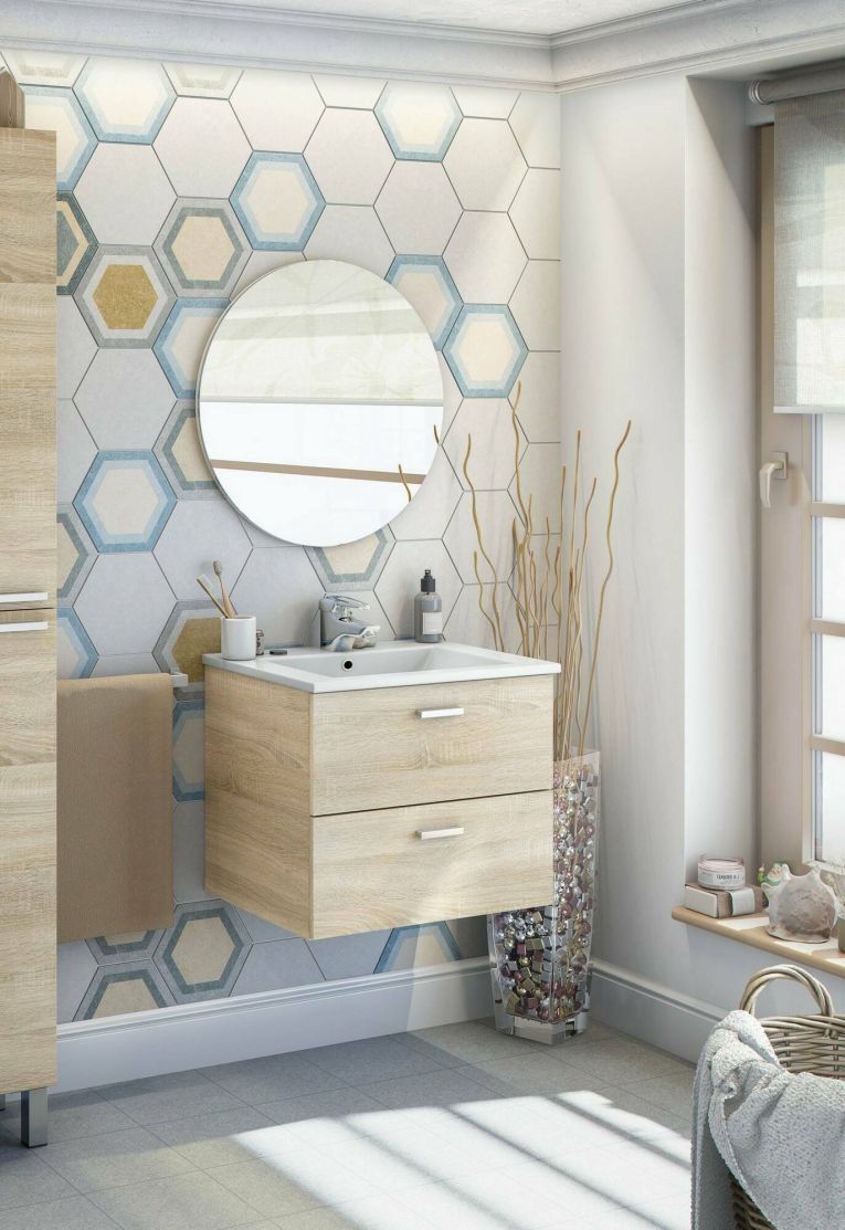 Mobile sottolavabo Maltby, Mobiletto da bagno, Contenitore porta lavabo, Armadio per lavandino, 60x45 h50 cm, Rovere