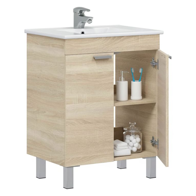 Mobile Sottolavabo Marrone Rovere 2 Ante Apertura Battente 60x45x80h cm, Piedini Alluminio - Polino