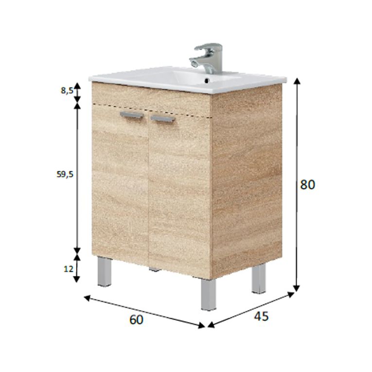 Mobile Sottolavabo Marrone Rovere 2 Ante Apertura Battente 60x45x80h cm, Piedini Alluminio - Polino