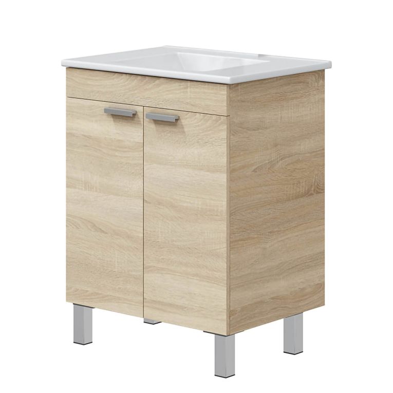 Mobile Sottolavabo Marrone Rovere 2 Ante Apertura Battente 60x45x80h cm, Piedini Alluminio - Polino
