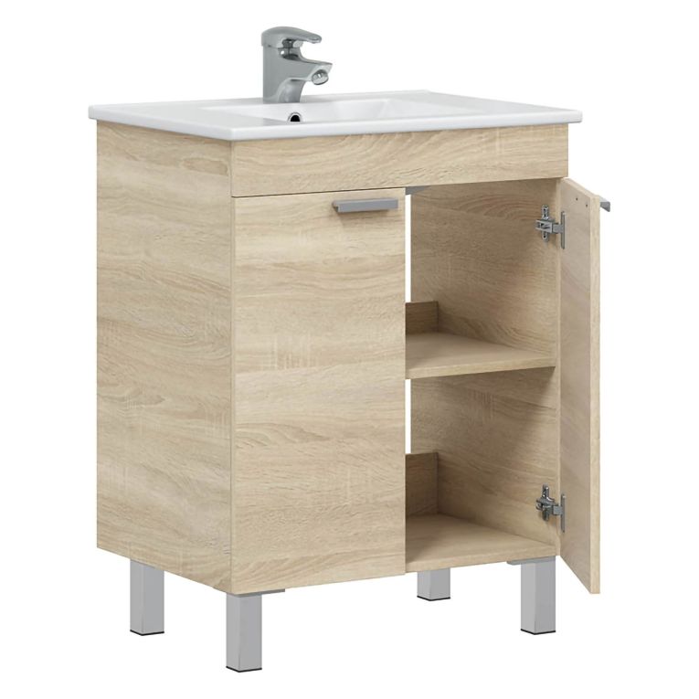 Mobile Sottolavabo Marrone Rovere 2 Ante Apertura Battente 60x45x80h cm, Piedini Alluminio - Polino