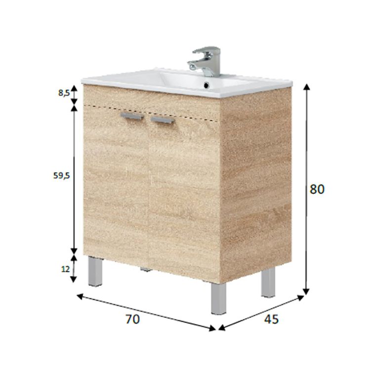 Mobile Sottolavabo Marrone Rovere 2 Ante Apertura Battente 70x45x80h cm, Piedini Alluminio - Cariati