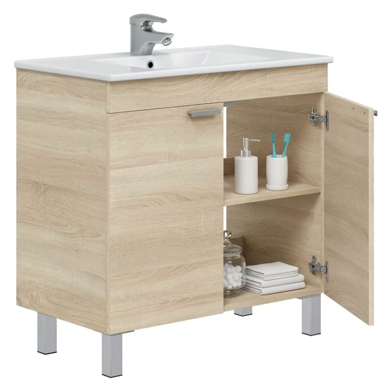 Mobile Sottolavabo Marrone Rovere 2 Ante Apertura Battente 80x45x80h cm, Piedini Alluminio - Massiola
