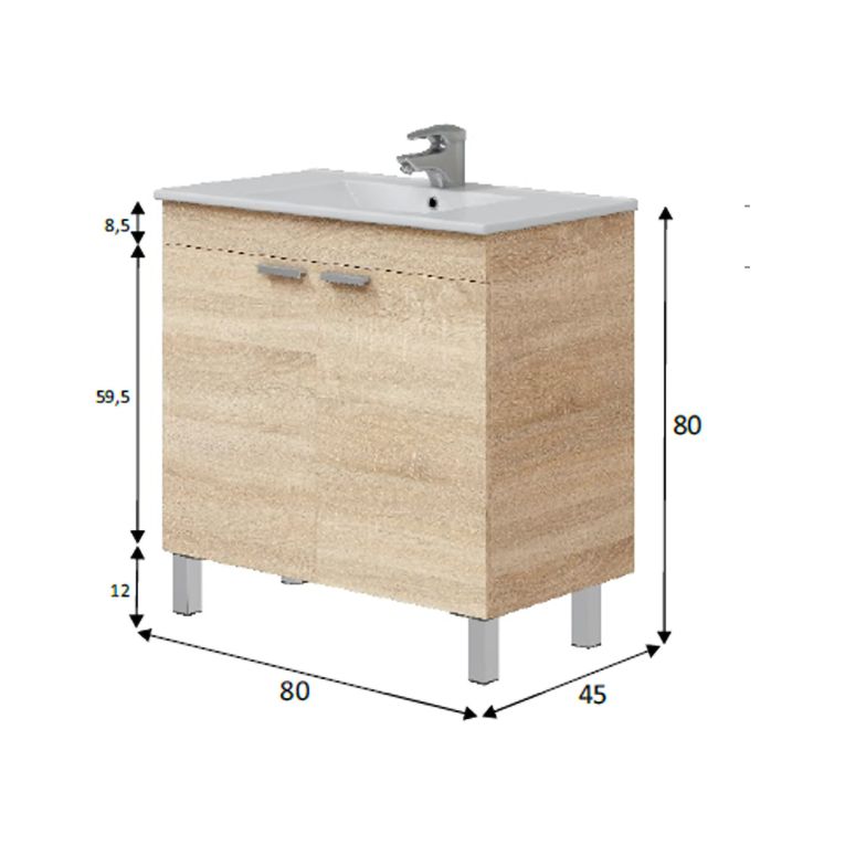 Mobile Sottolavabo Marrone Rovere 2 Ante Apertura Battente 80x45x80h cm, Piedini Alluminio - Massiola