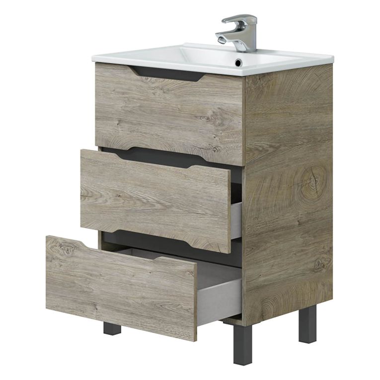 Mobile Sottolavabo Marrone Rovere Grigio Nero Antracite 3 Cassetti Soft Close 60x45x86h cm, Apertura Scorrevole - Sozop