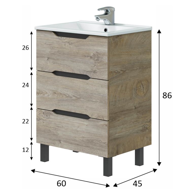 Mobile Sottolavabo Marrone Rovere Grigio Nero Antracite 3 Cassetti Soft Close 60x45x86h cm, Apertura Scorrevole - Sozop