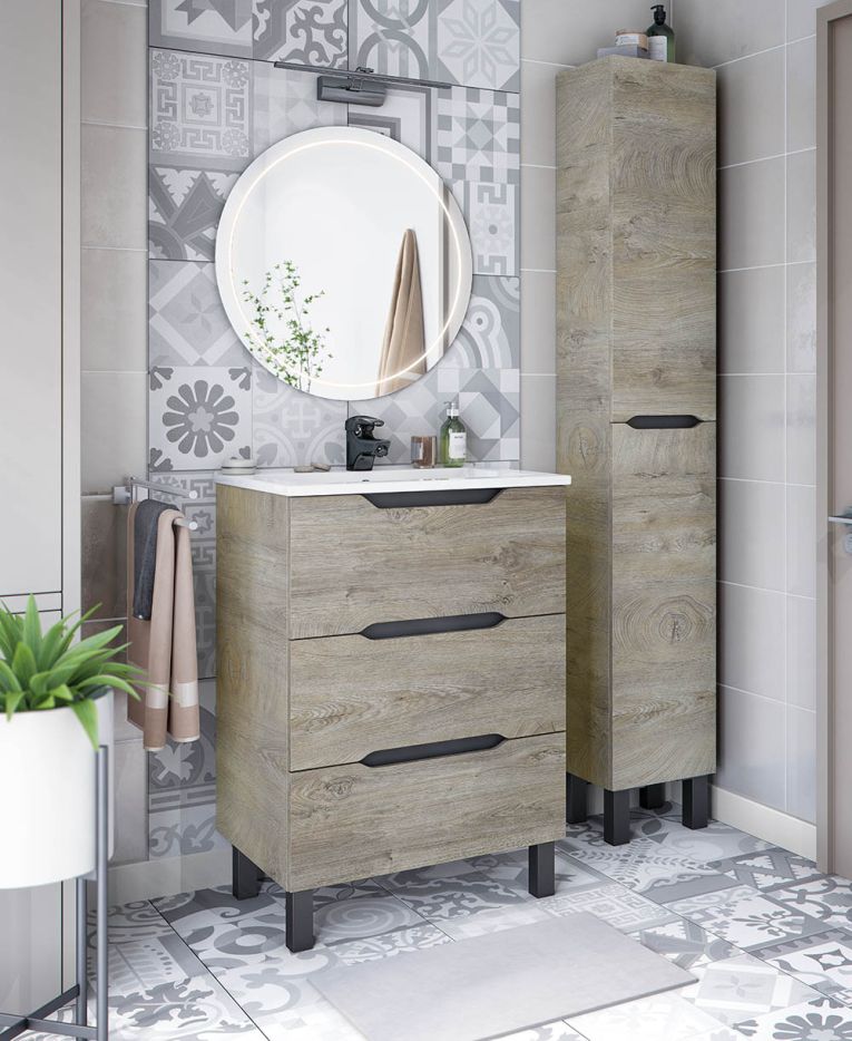 Mobile Sottolavabo Marrone Rovere Grigio Nero Antracite 3 Cassetti Soft Close 60x45x86h cm, Apertura Scorrevole - Sozop
