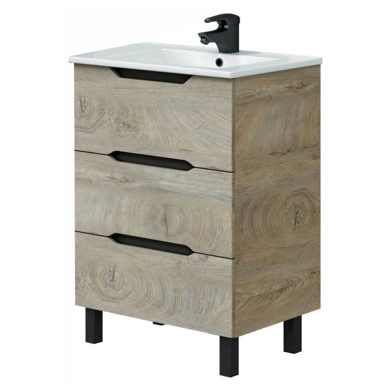 Mobile Sottolavabo Marrone Rovere Grigio Nero Antracite 3 Cassetti Soft Close 60x45x86h cm, Apertura Scorrevole - Sozop