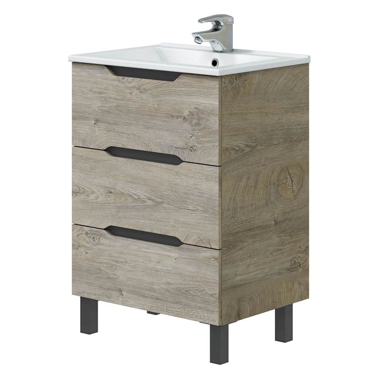 Mobile Sottolavabo Marrone Rovere Grigio Nero Antracite 3 Cassetti Soft Close 60x45x86h cm, Apertura Scorrevole - Sozop