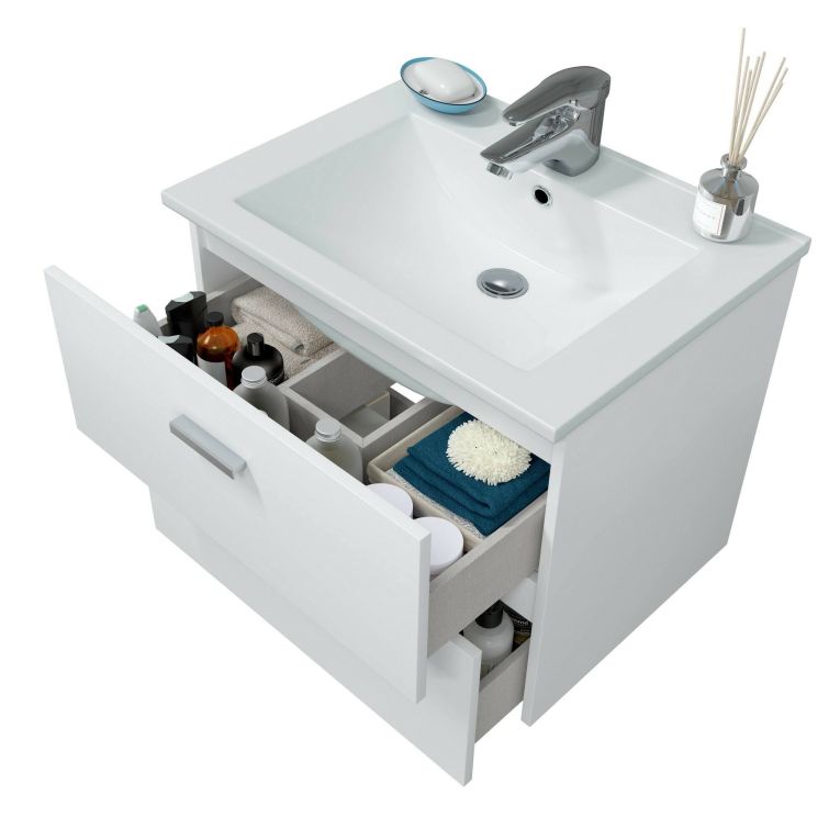Mobile sottolavabo moderno 2 cassetti 60x45x50h cm bianco lucido - Doksuri