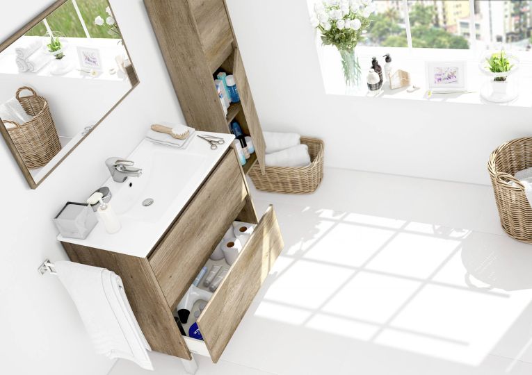 Mobile sottolavabo Modesto, Mobiletto sospeso con 2 cassetti, Armadio per bagno con specchio, Lavabo escluso, 80x45h80 cm, Quercia