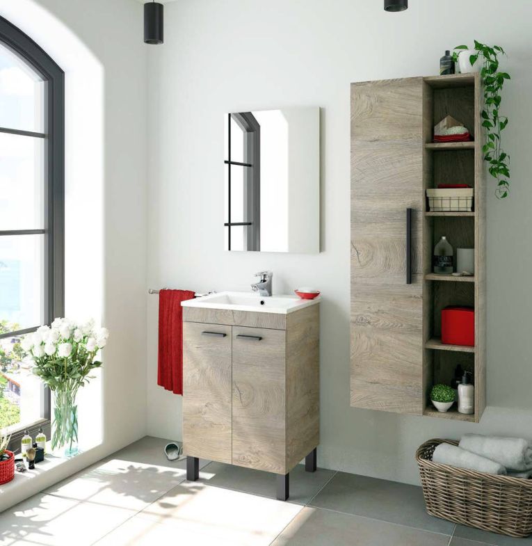 Mobile sottolavabo Naperville, Mobiletto per bagno, Armadio a 2 ante con specchio, lavabo non incluso, 50x40h80 cm, Rovere