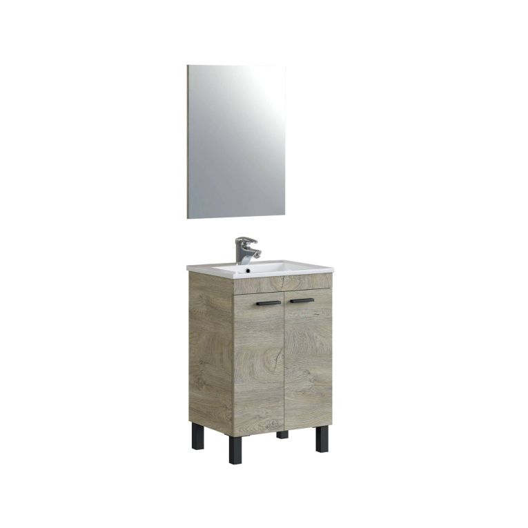 Mobile sottolavabo Naperville, Mobiletto per bagno, Armadio a 2 ante con specchio, lavabo non incluso, 50x40h80 cm, Rovere