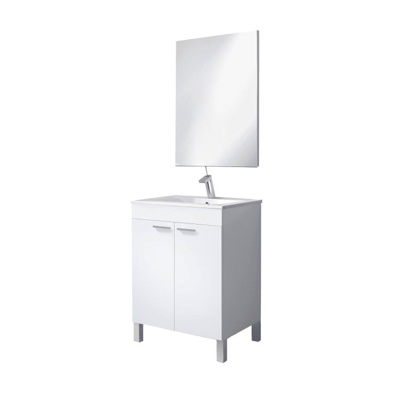 Mobile sottolavabo Naperville, Mobiletto per bagno, Armadio a 2 ante con specchio, lavabo non incluso, 60x45h80 cm, Bianco lucido