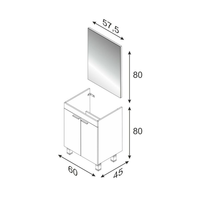 Mobile sottolavabo Naperville, Mobiletto per bagno, Armadio a 2 ante con specchio, lavabo non incluso, 60x45h80 cm, Bianco lucido
