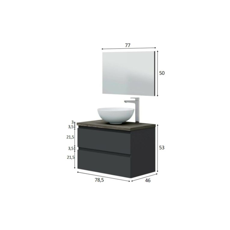 Mobile Sottolavabo Nero Antracite Marrone Noce Specchio Incluso 2 Cassetti 78.5x46x53h cm, Ante - Alakdan