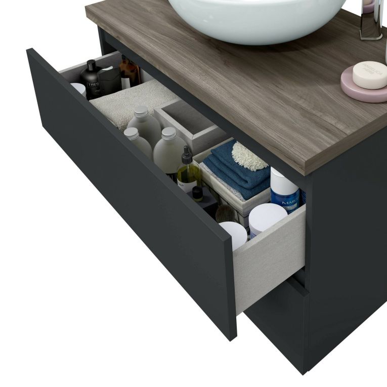 Mobile Sottolavabo Nero Antracite Marrone Noce Specchio Incluso 2 Cassetti 78.5x46x53h cm, Ante - Alakdan