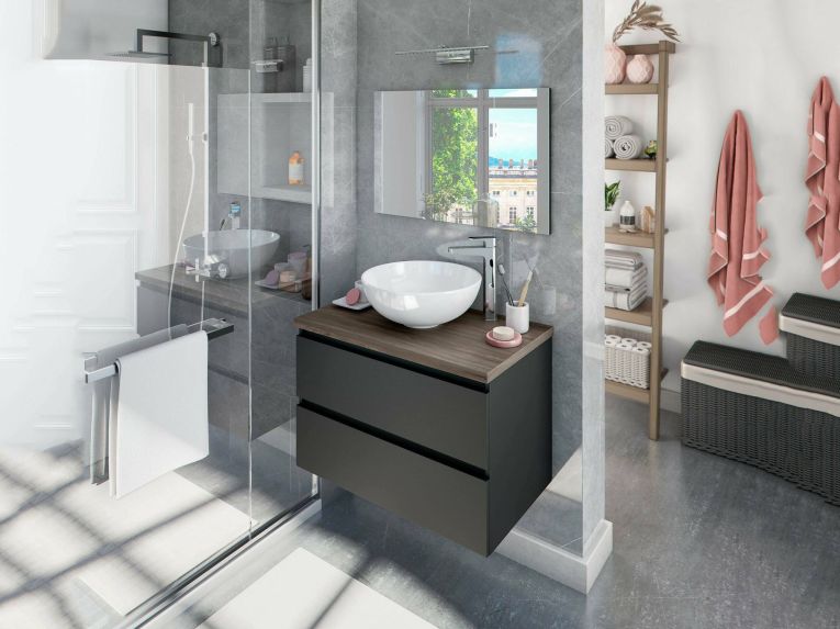 Mobile Sottolavabo Nero Antracite Marrone Noce Specchio Incluso 2 Cassetti 78.5x46x53h cm, Ante - Alakdan