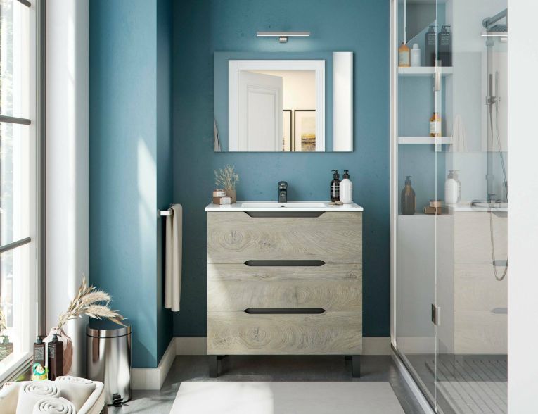 Mobile sottolavabo Ona, Mobiletto da bagno, Contenitore porta lavabo, Armadio per lavandino, 80x45 h86 cm, Antracite e Rovere