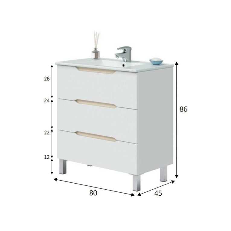 Mobile sottolavabo Ona, Mobiletto da bagno, Contenitore porta lavabo, Armadio per lavandino, 80x45 h86 cm, Bianco lucido e Rovere