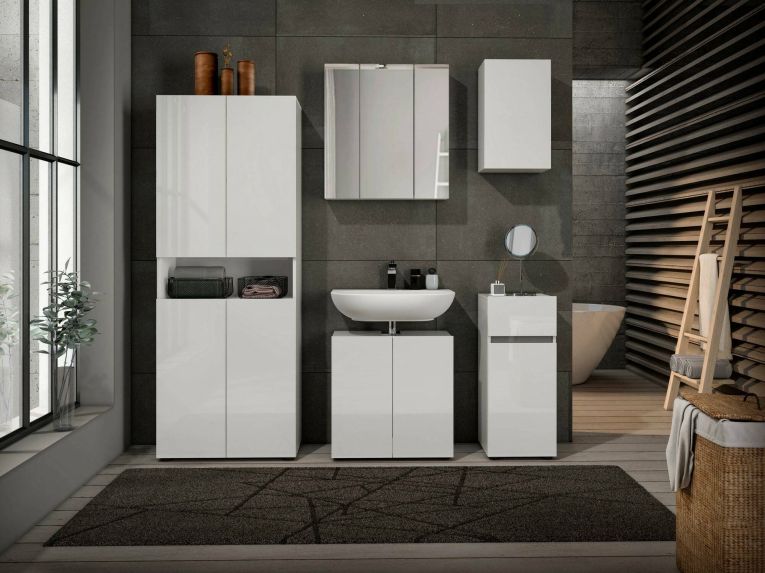 Mobile sottolavabo Orkney, Mobiletto da bagno, Contenitore porta lavabo, Armadio per lavandino, Made in Italy, Bianco lucido, 60x34h62 cm