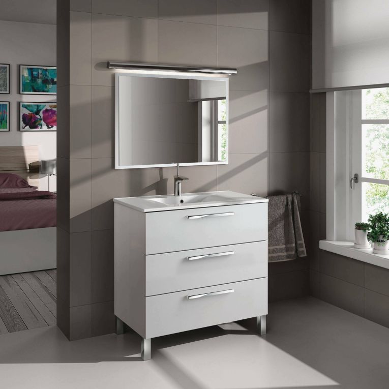 Mobile sottolavabo Palmdale, Mobiletto per bagno, Armadio a 3 cassetti e specchio, lavabo non incluso, 80x45h86 cm, Bianco lucido