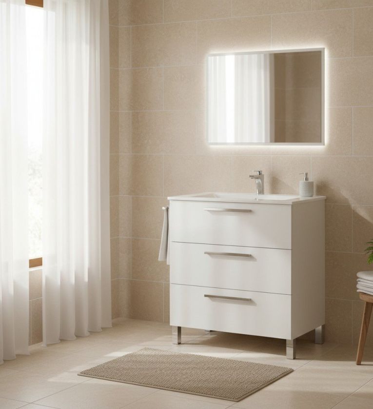 Mobile sottolavabo Palmdale, Mobiletto per bagno, Armadio a 3 cassetti e specchio, lavabo non incluso, 80x45h86 cm, Bianco lucido