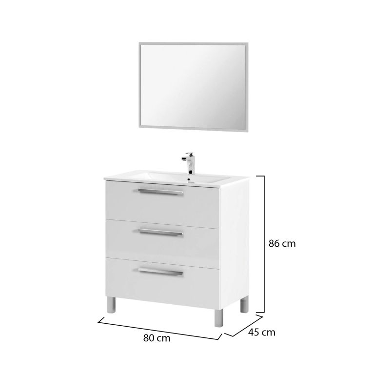 Mobile sottolavabo Palmdale, Mobiletto per bagno, Armadio a 3 cassetti e specchio, lavabo non incluso, 80x45h86 cm, Bianco lucido