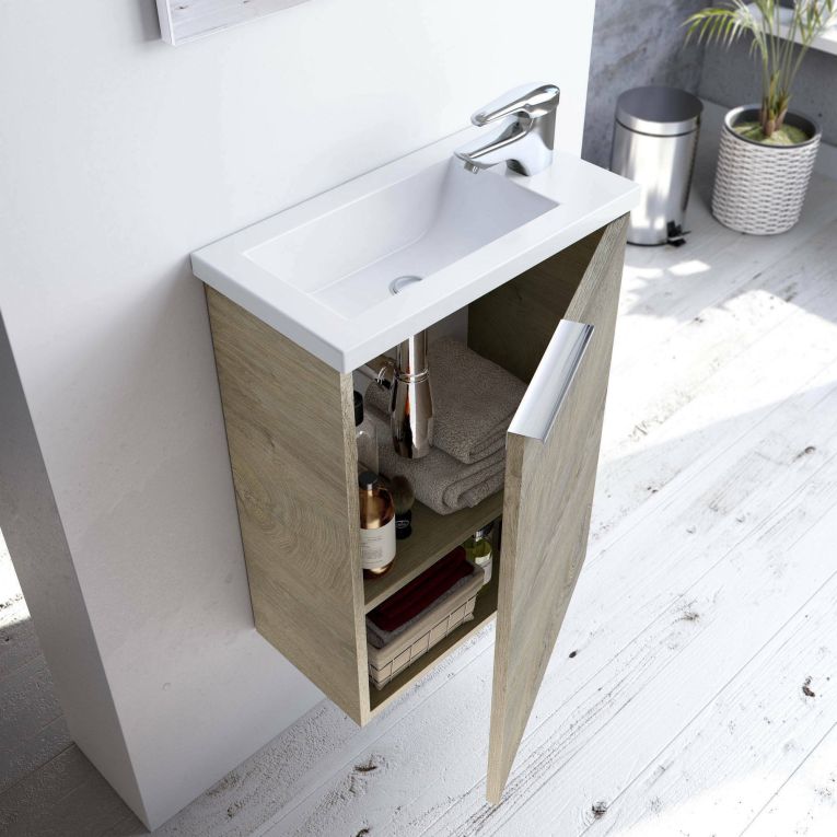 Mobile sottolavabo Peoria, Mobiletto per bagno sospeso, Armadio a 1 anta con specchio e lavabo, 40x22h58 cm, Rovere