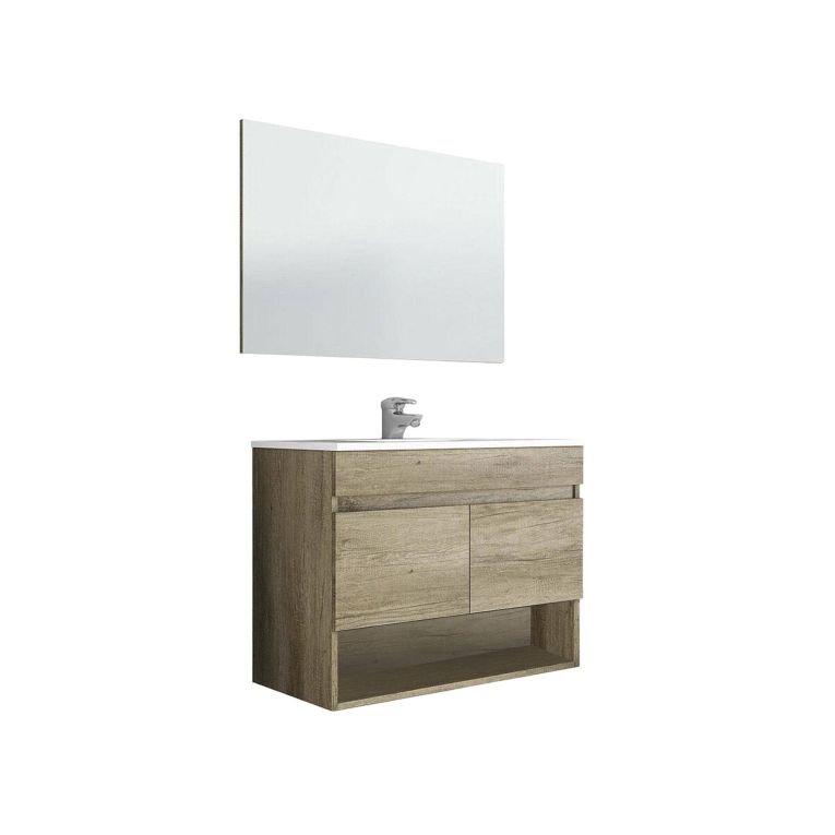 Mobile sottolavabo Shreveport, Mobiletto per bagno a 2 ante, Armadietto sospeso con ripiano e specchio, lavabo non incluso, 80x45h64 cm, Quercia
