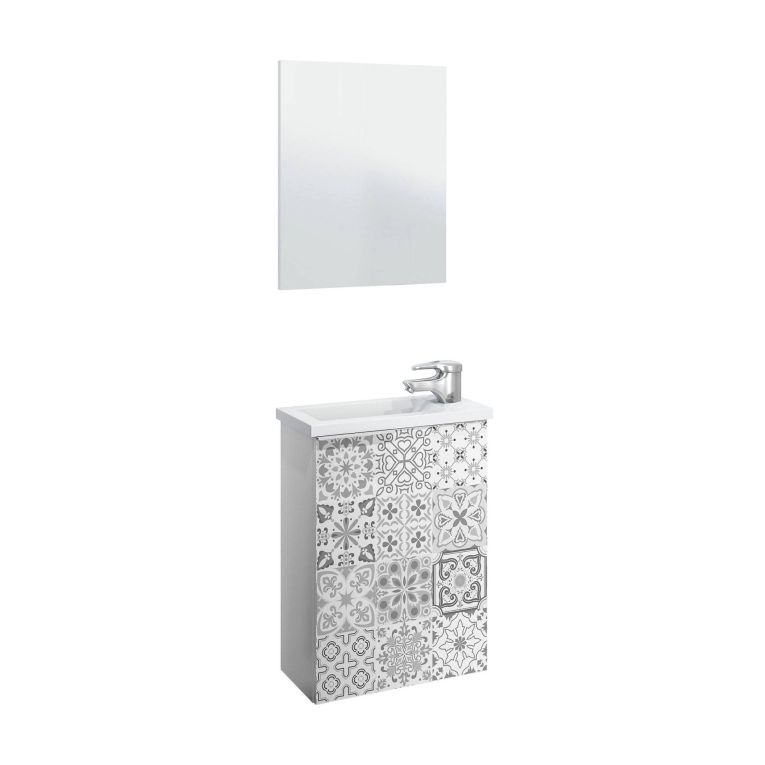 Mobile sottolavabo sospeso con specchio 40x58x22h cm bianco lucido e cemento - Akamaru