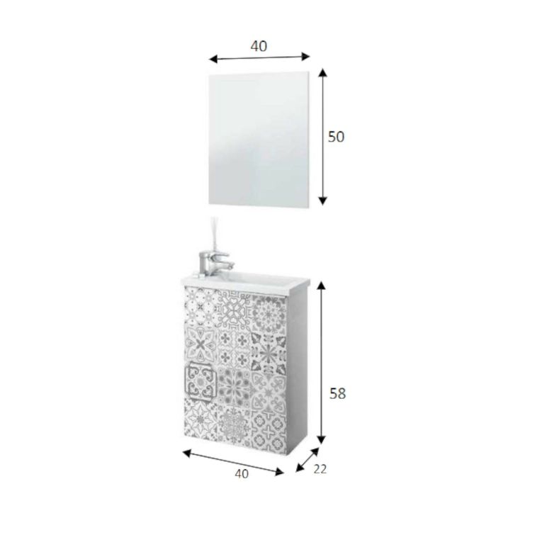 Mobile sottolavabo sospeso con specchio 40x58x22h cm bianco lucido e cemento - Akamaru