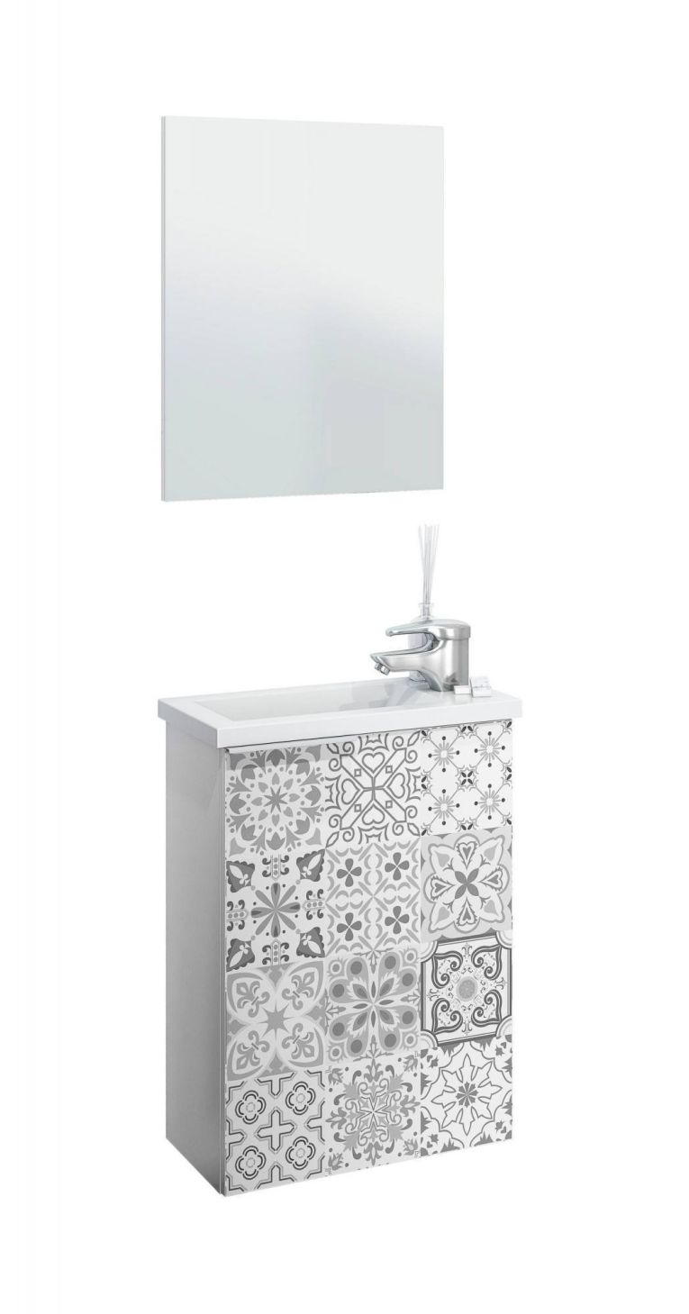 Mobile sottolavabo sospeso con specchio 40x58x22h cm bianco lucido e cemento - Akamaru