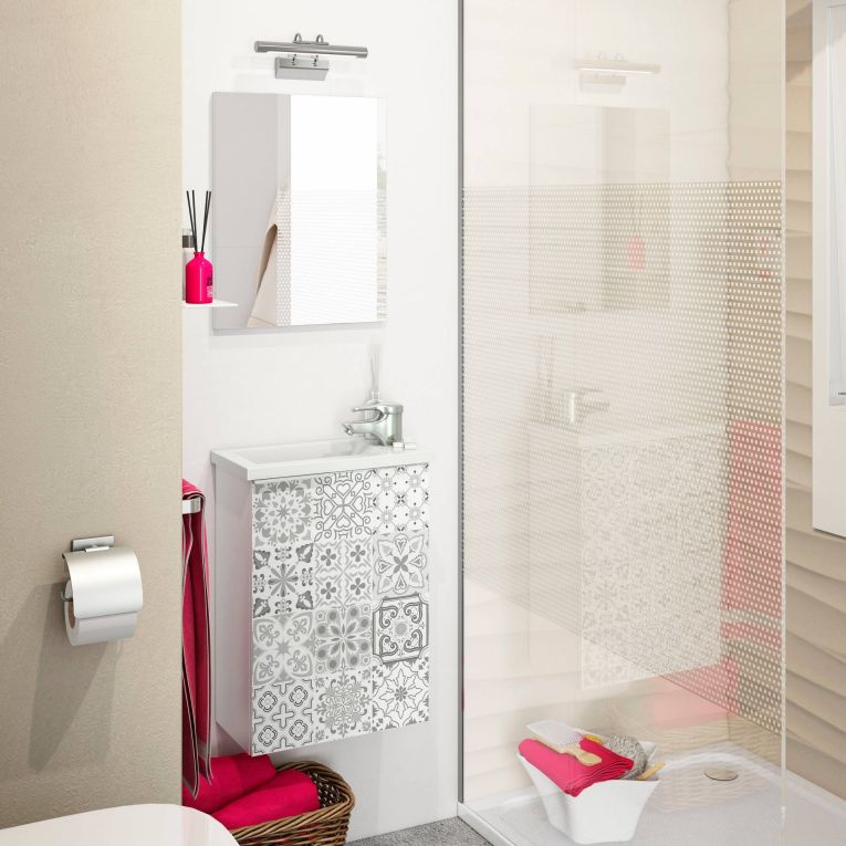 Mobile sottolavabo sospeso con specchio 40x58x22h cm bianco lucido e cemento - Akamaru