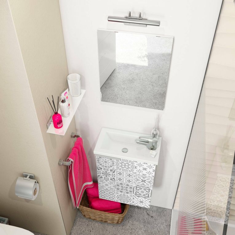Mobile sottolavabo sospeso con specchio 40x58x22h cm bianco lucido e cemento - Akamaru