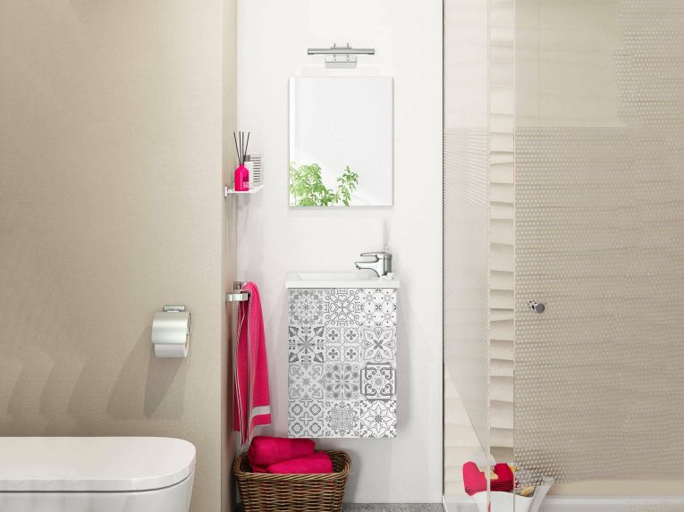 Mobile sottolavabo sospeso con specchio 40x58x22h cm bianco lucido e cemento - Akamaru