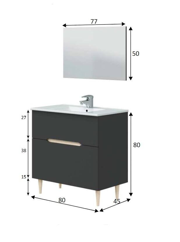 Mobile sottolavabo Yarmouth, Sotto lavabo bagno, Mobiletto da bagno con specchio, Lavabo non incluso, 80x45h80 cm, Antracite e Rovere