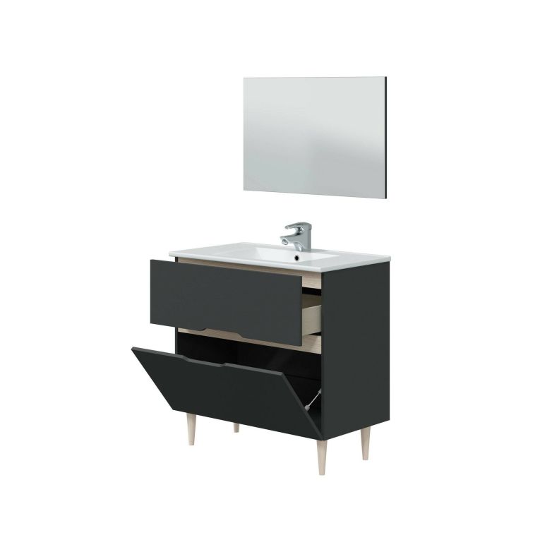 Mobile sottolavabo Yarmouth, Sotto lavabo bagno, Mobiletto da bagno con specchio, Lavabo non incluso, 80x45h80 cm, Antracite e Rovere
